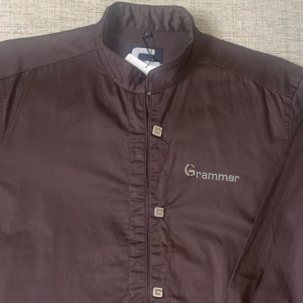 Men’s NWT GRAMMER Mandarin-Style Button Down Shirt in Brown, Size Large